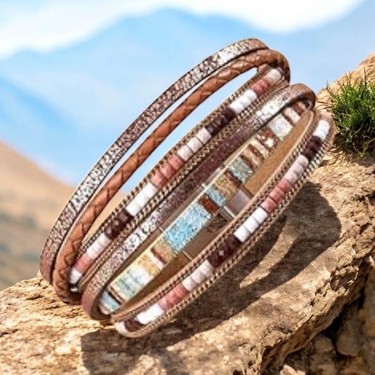 Close-up detail showing seed beads and metallic accents on wrap bracelet