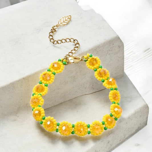 Boho sunflower beaded bracelet styled for spring outfits