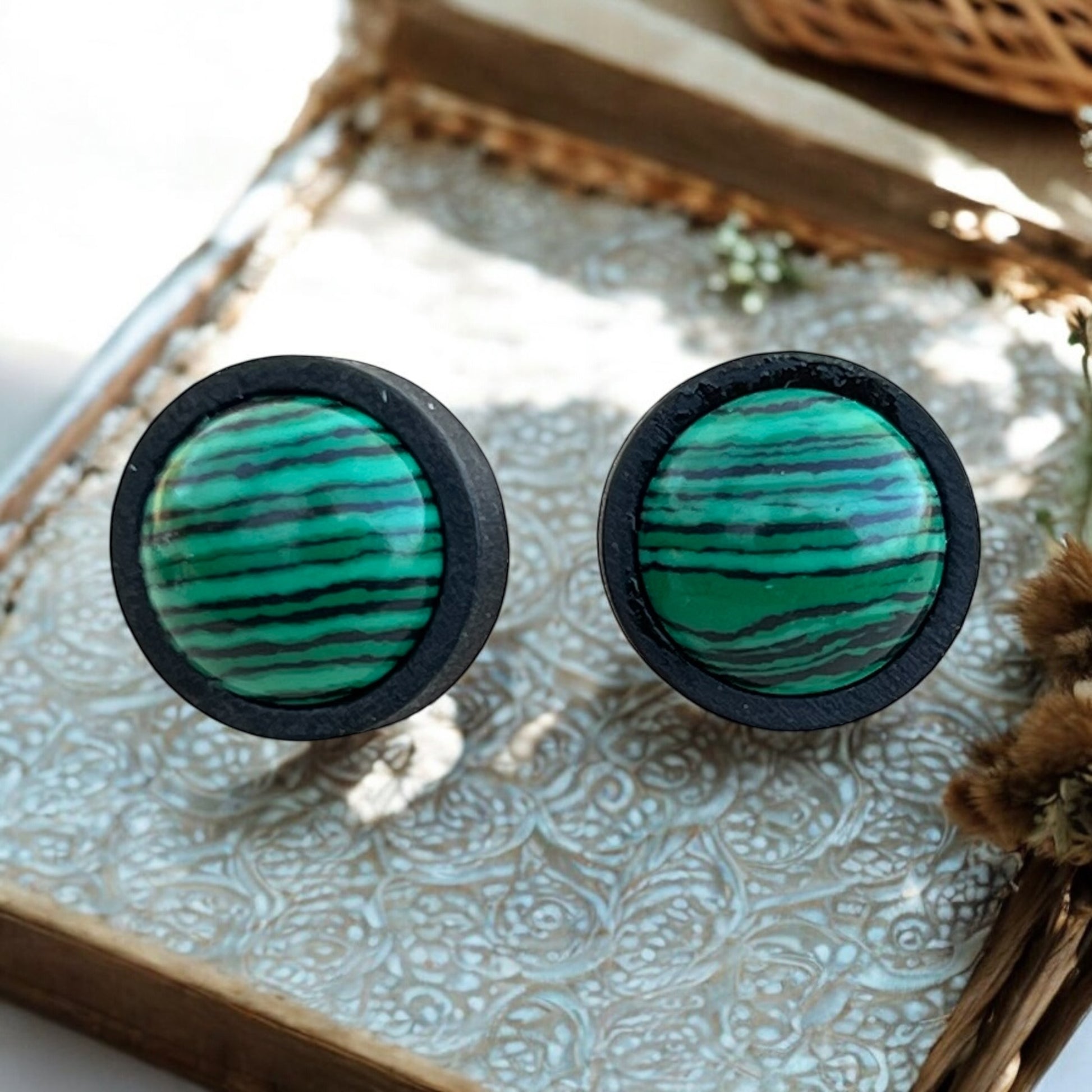 Bold 12mm green stone earrings with earthy matte finish