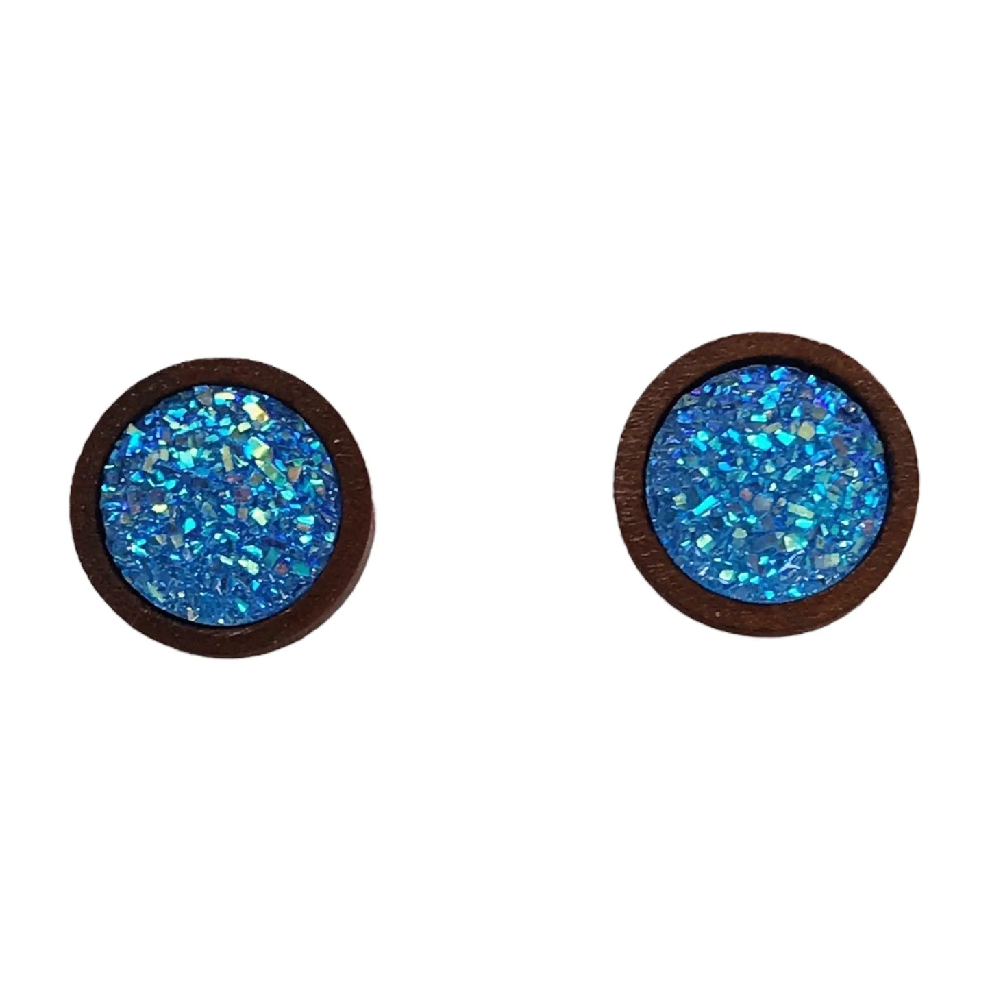 Round bright blue glitter druzy wood stud earrings displayed on a white background 