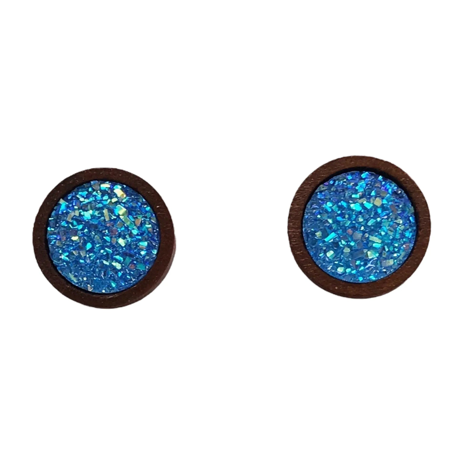 Round bright blue glitter druzy wood stud earrings displayed on a white background 
