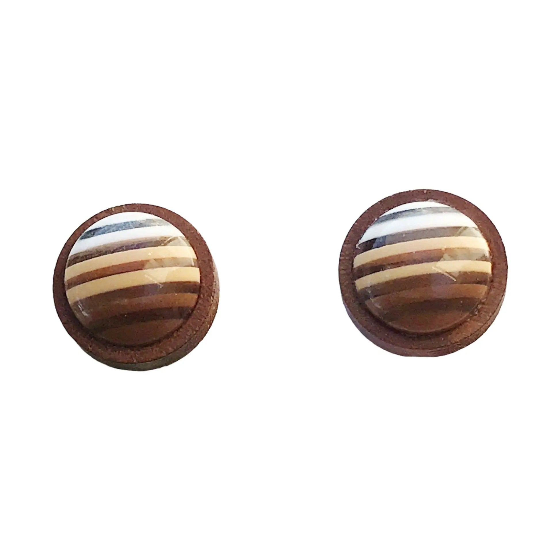 Round brown striped wood stud earrings displayed on a white background