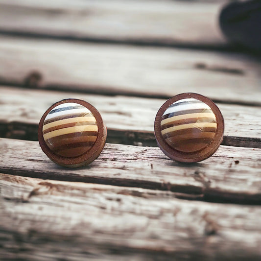 Round brown striped wood stud earrings displayed on a rustic wood surface
