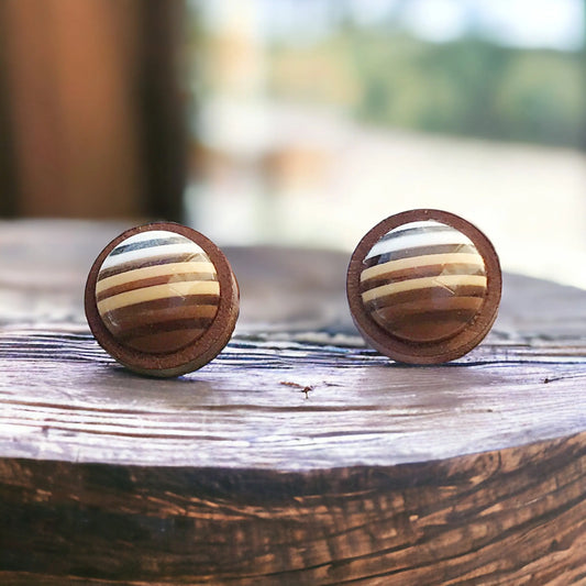 Brown Striped Earrings - Neutral Minimalist Studs with Natural Wood Design 
