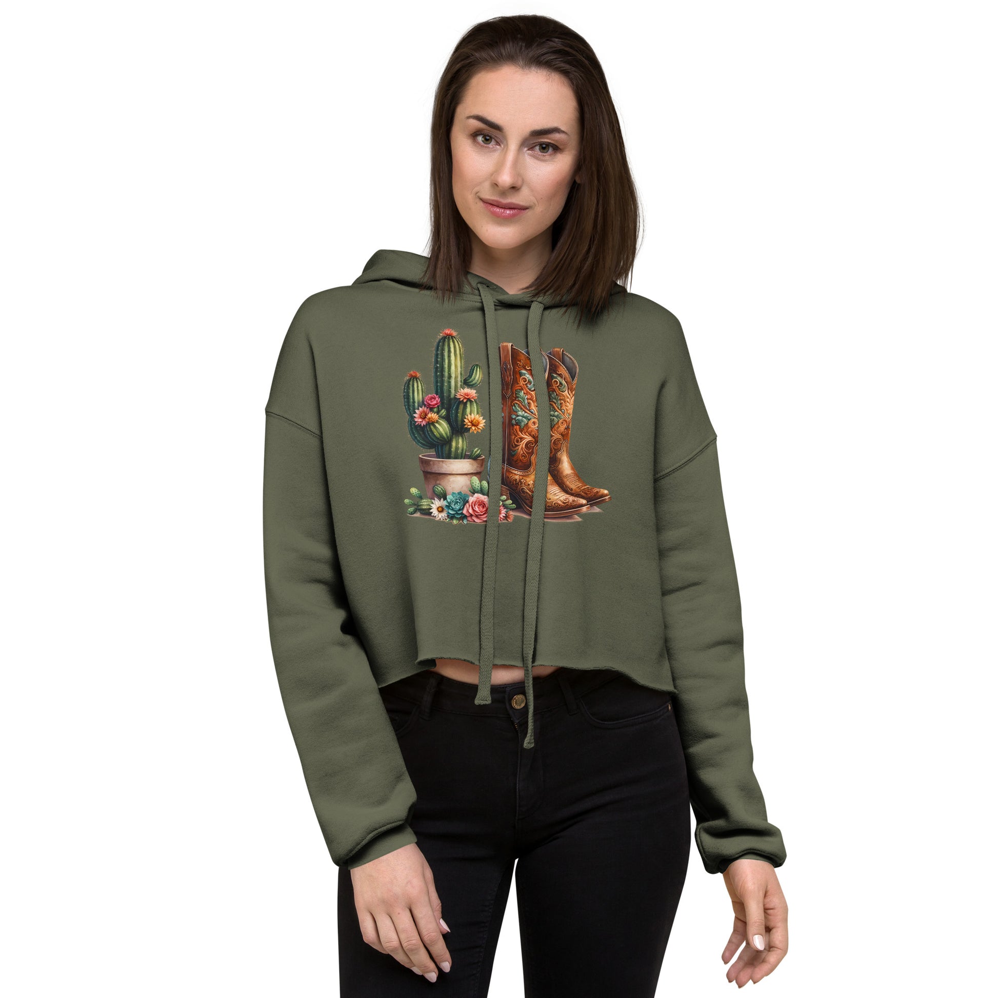 Military green crop hoodie with western boots and cactus artwork – front 