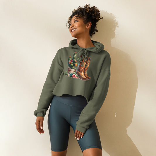 Model wearing military green western crop hoodie with boho design