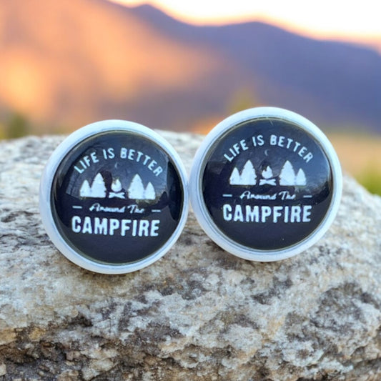 Campfire quote stud earrings with ‘Life is Better Around the Campfire’ design