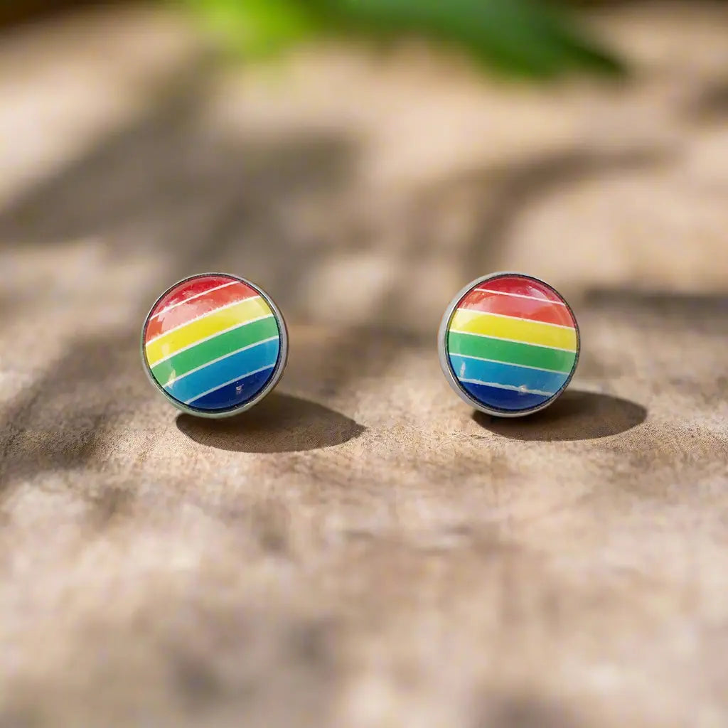 Round classic rainbow striped stud earrings in a silver-tone setting displayed on a wood surface