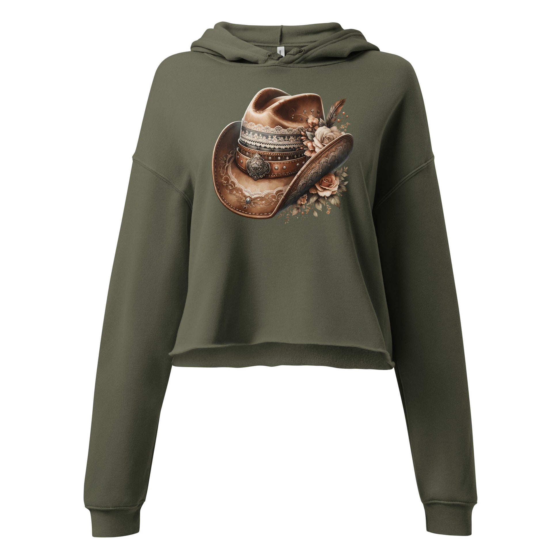 Detail view of cowgirl hat graphic on green crop hoodie with rustic vibe