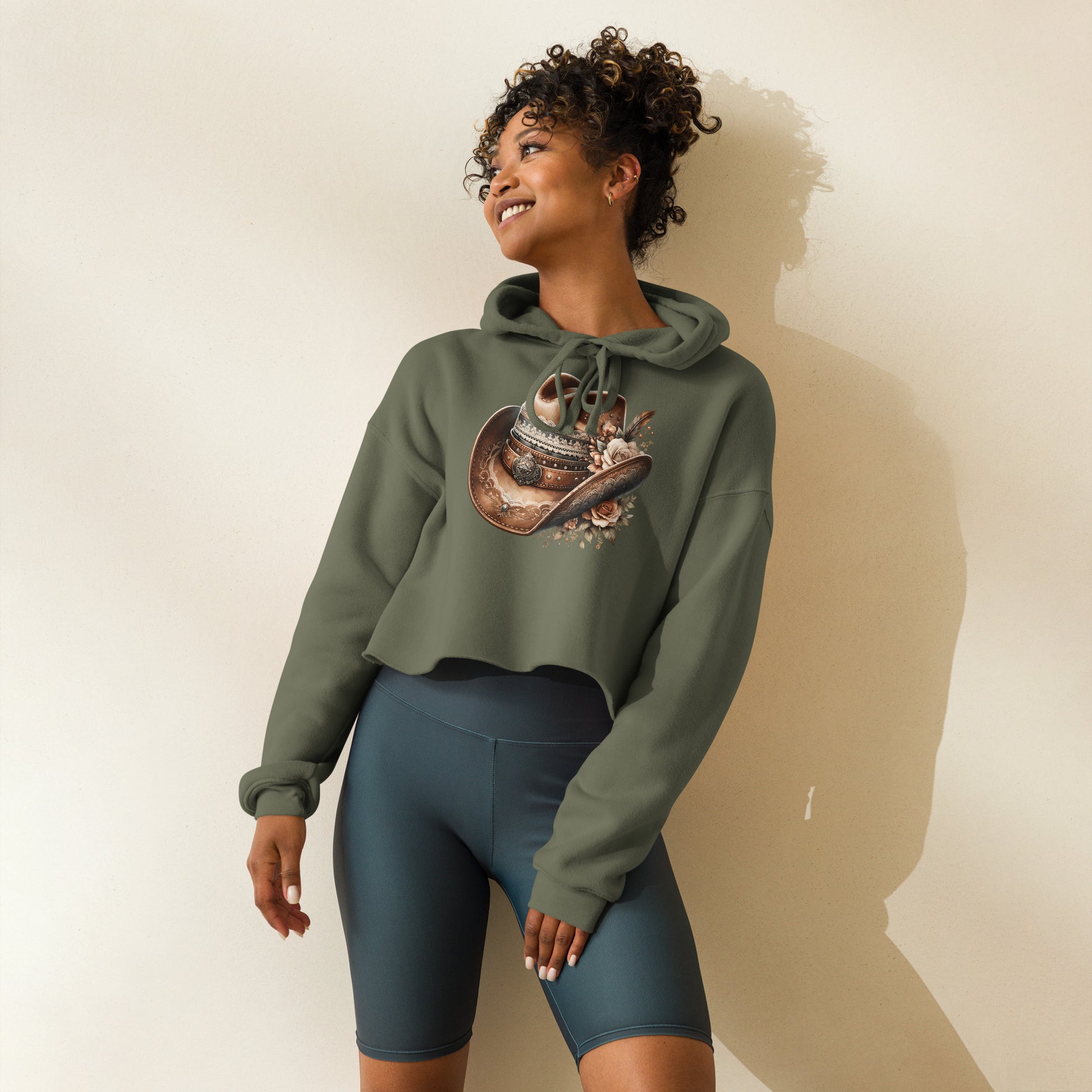  Military green crop hoodie with western cowgirl hat and feathers design