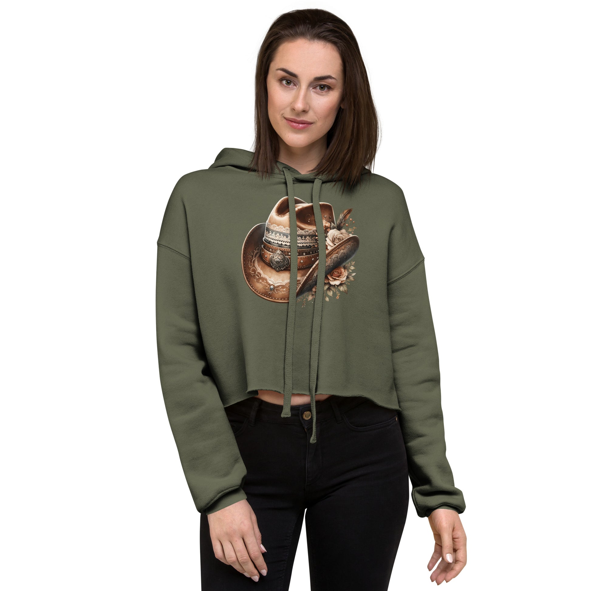 Model wearing military green hoodie with floral cowgirl hat artwork