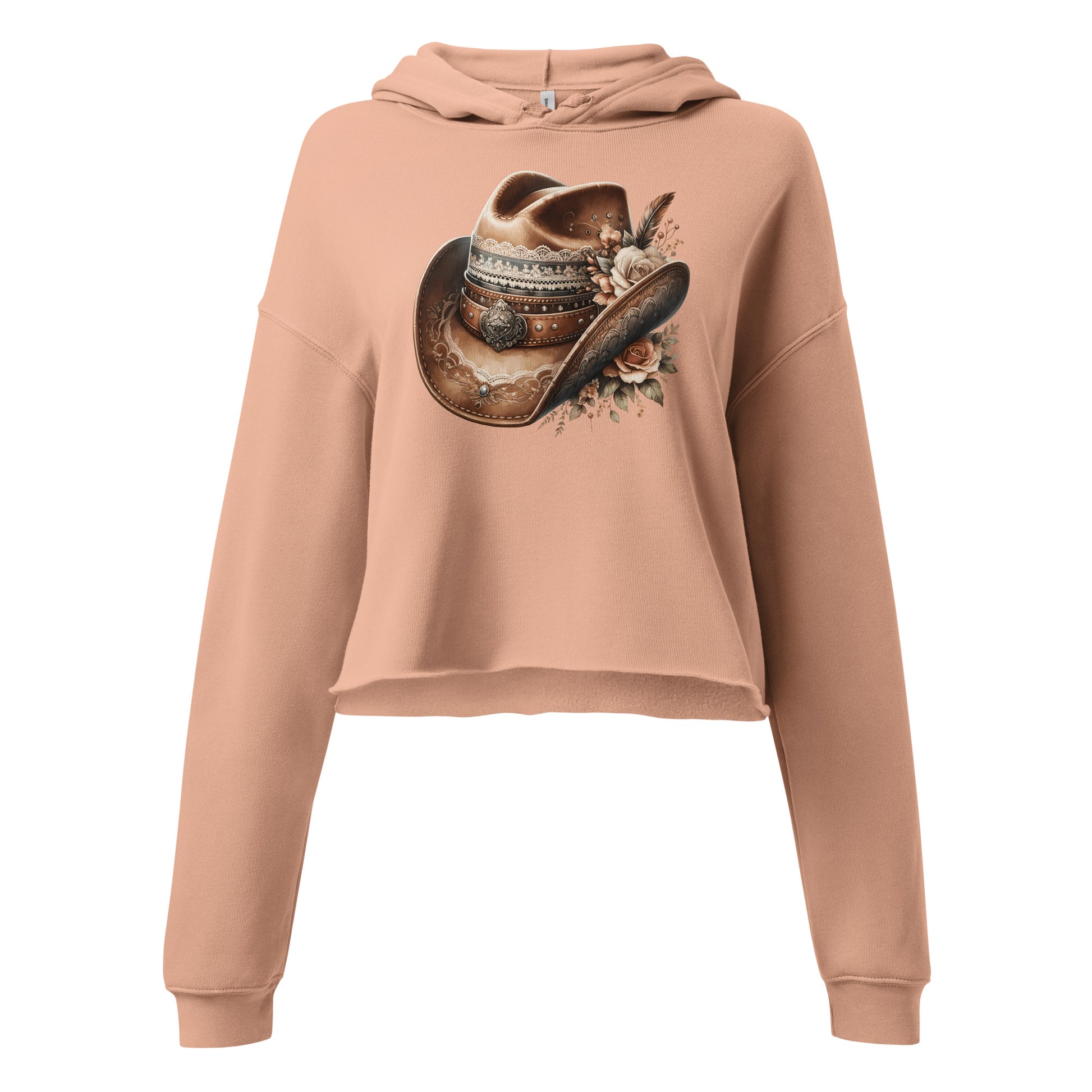 Close-up of cowgirl hat illustration on peach crop hoodie with boho flair