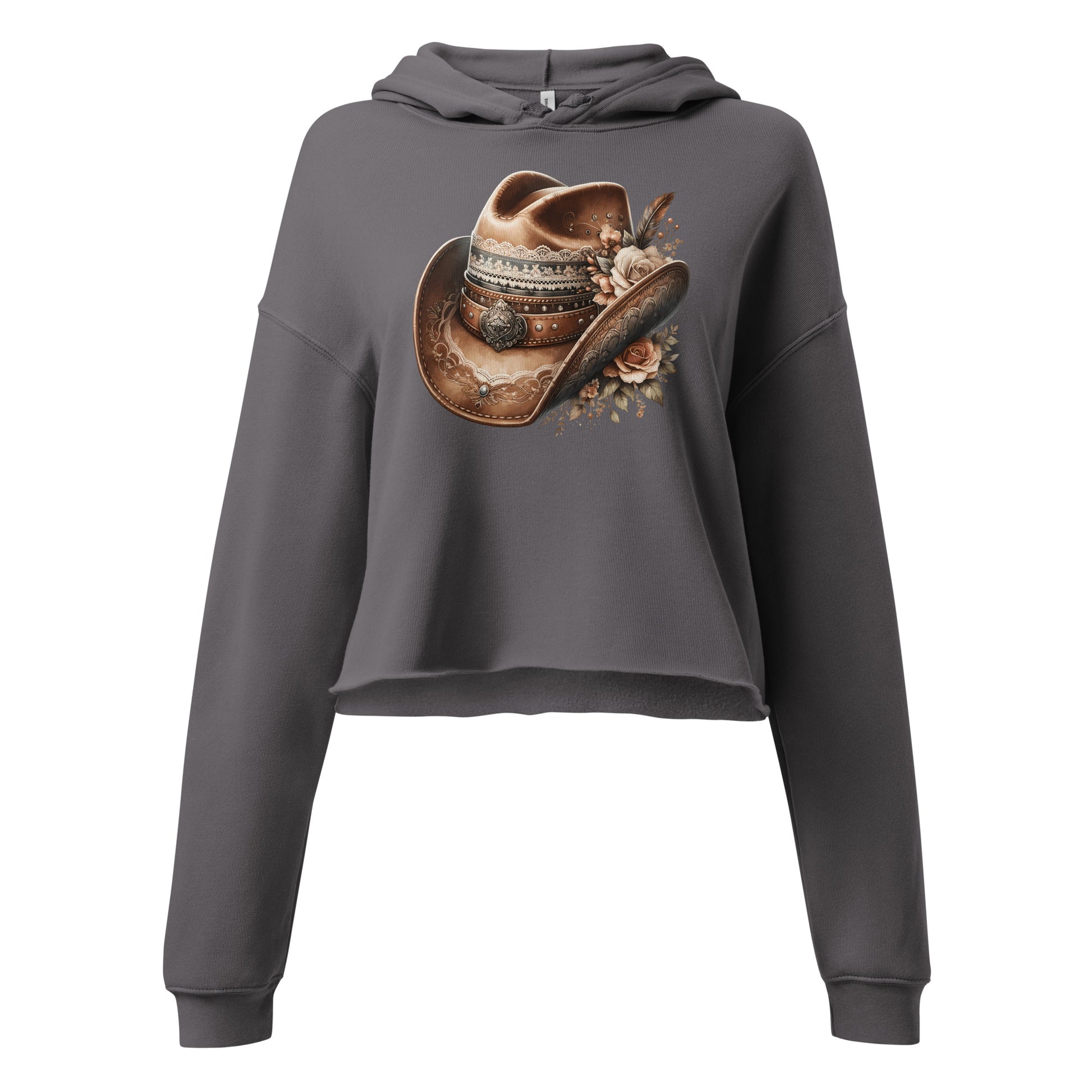 Graphic close-up of floral cowgirl hat on storm gray cropped sweatshirt
