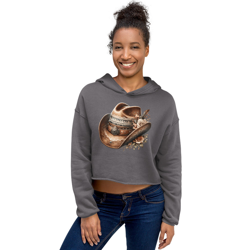  Model wearing storm gray hoodie with western cowgirl hat print