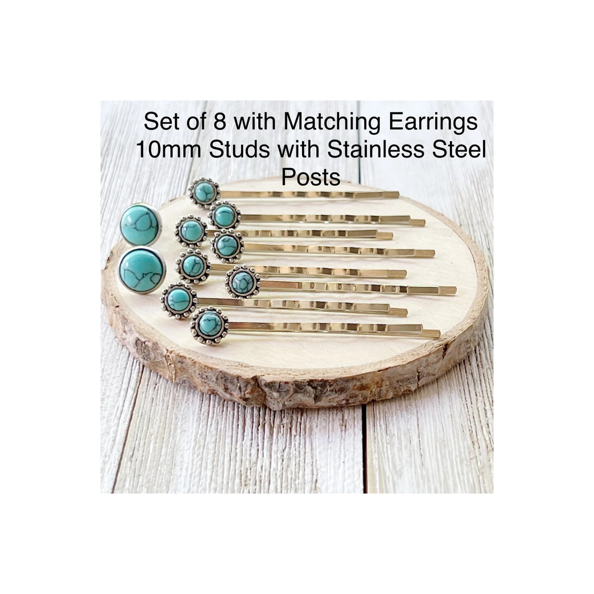 Set of eight western turquoise-style hair pins with Ear58 10mm matching stud earrings, original seller product photograph