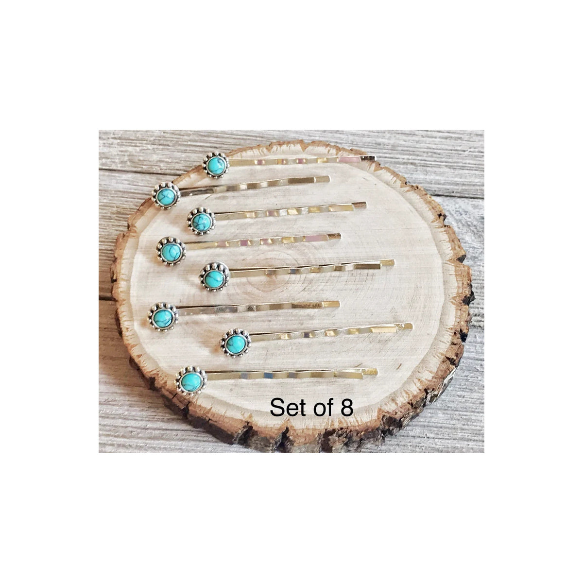 Set of eight western turquoise-style hair pins, original seller product photograph