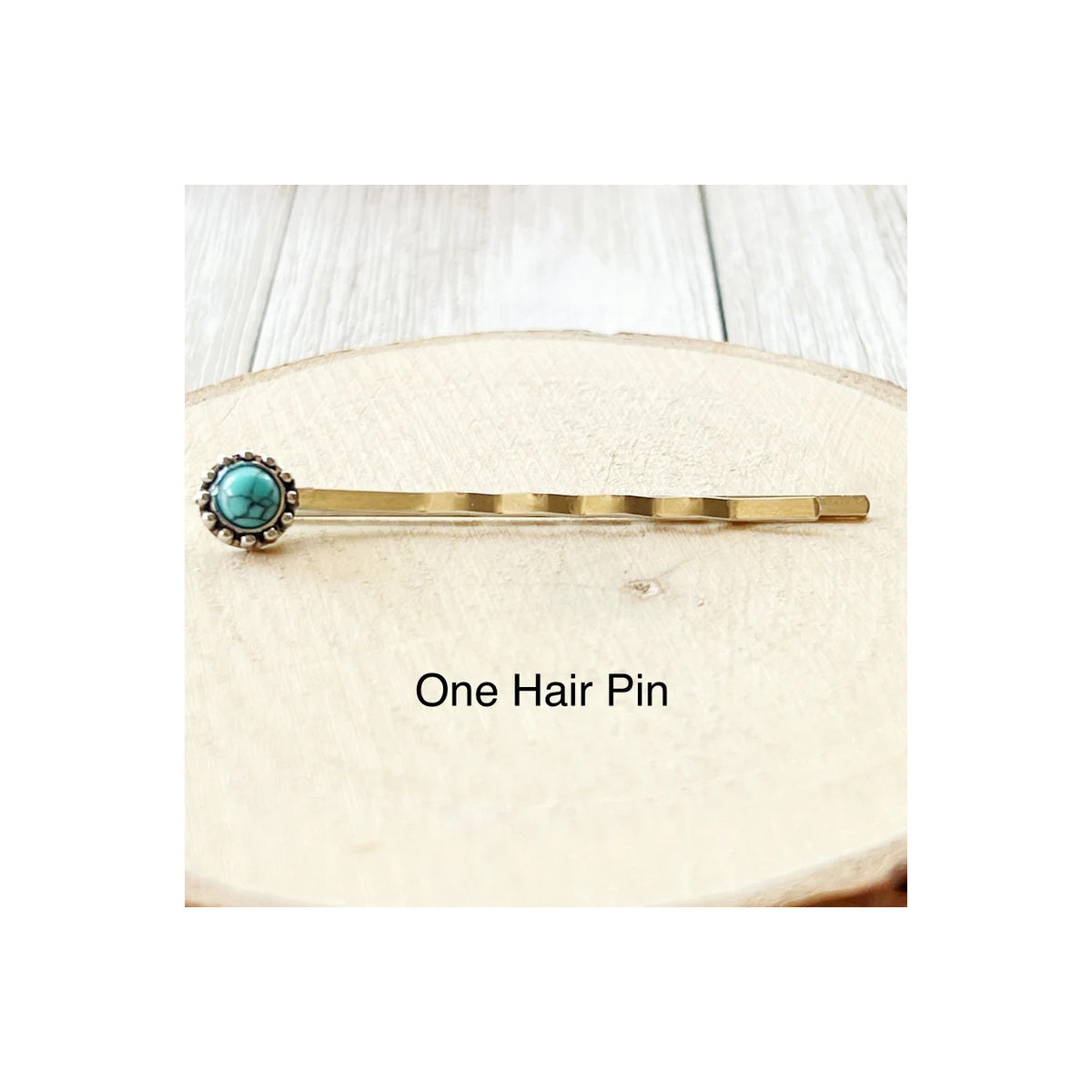 One handcrafted western turquoise-style hair pin, original seller product photograph
