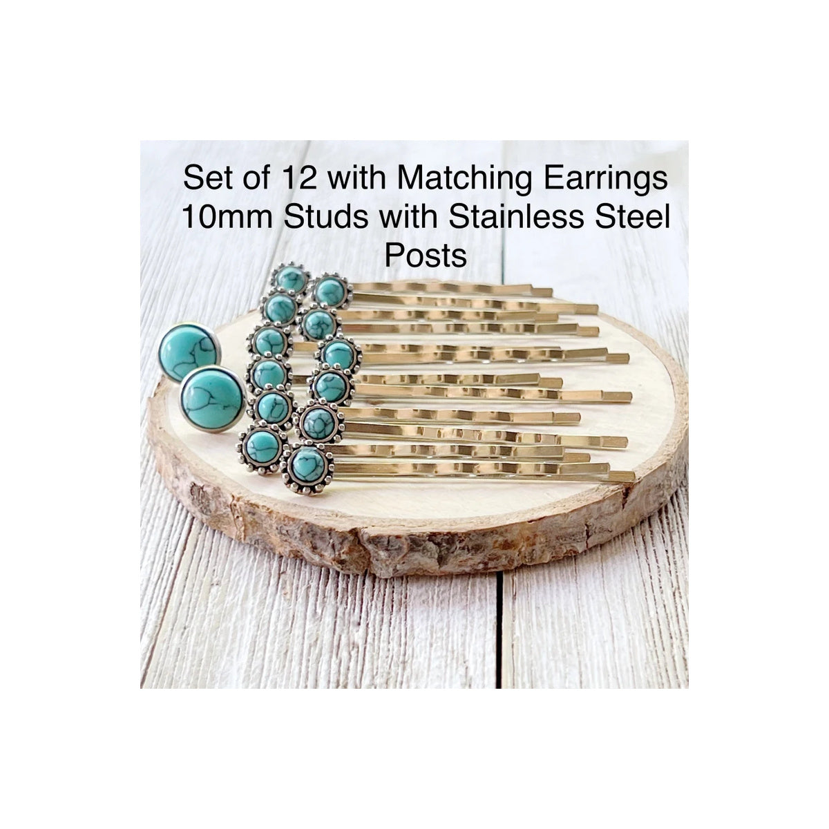 Set of twelve western turquoise-style hair pins with Ear58 10mm matching stud earrings, original seller product photograph