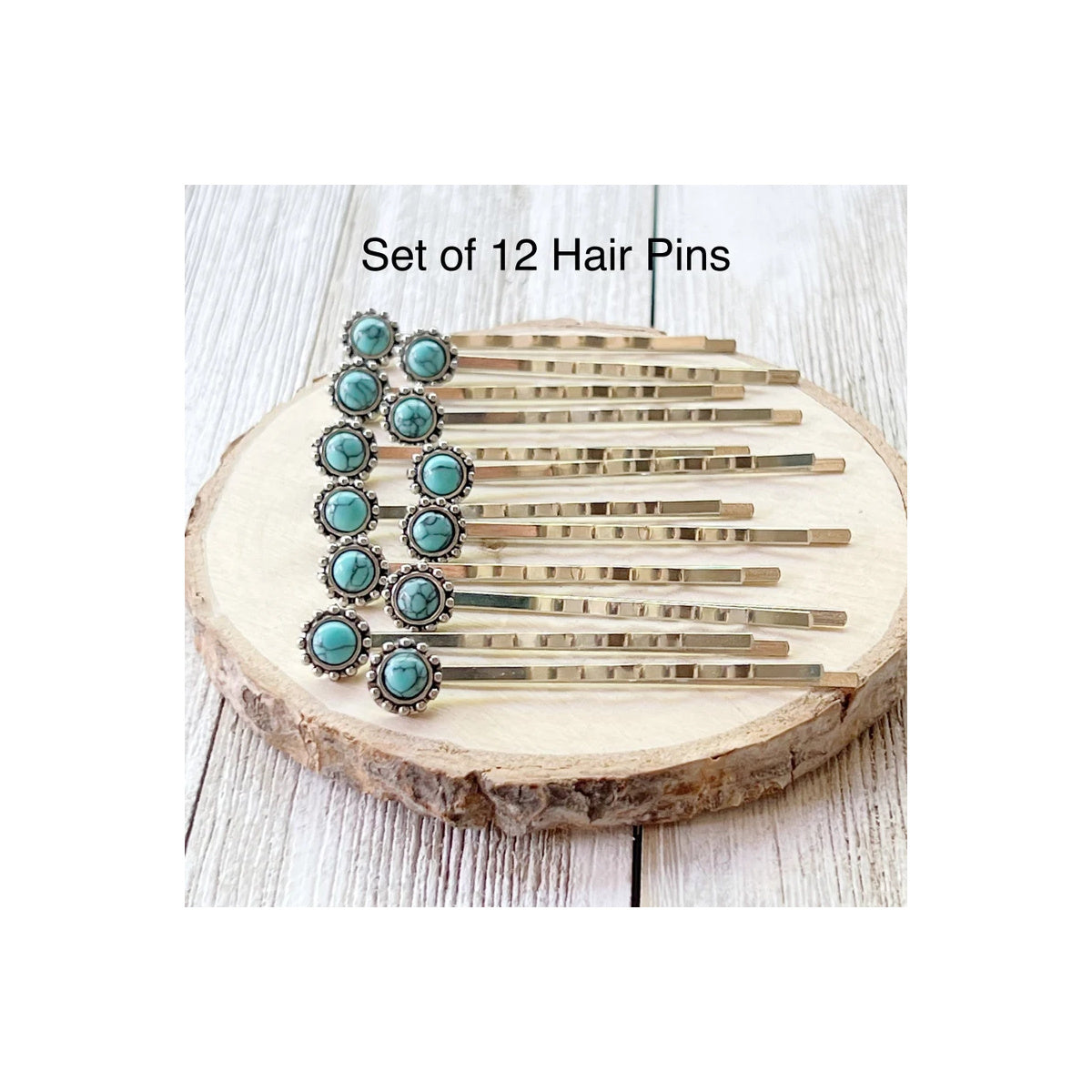 Set of twelve western turquoise-style hair pins, original seller product photograph