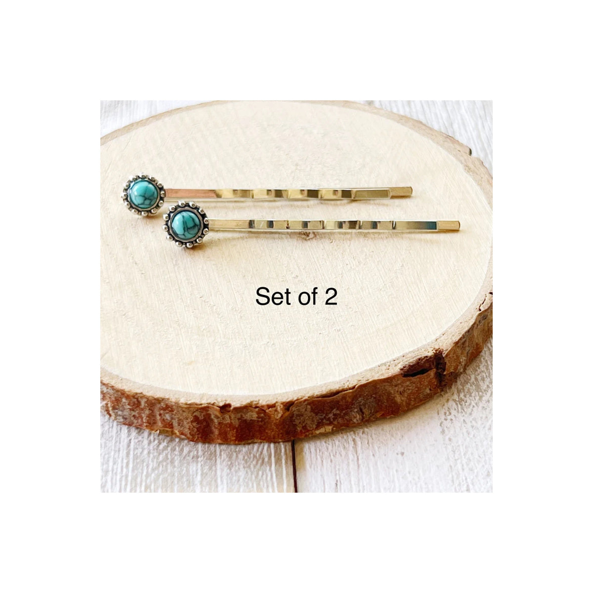 Set of two western turquoise-style hair pins, original seller product photograph