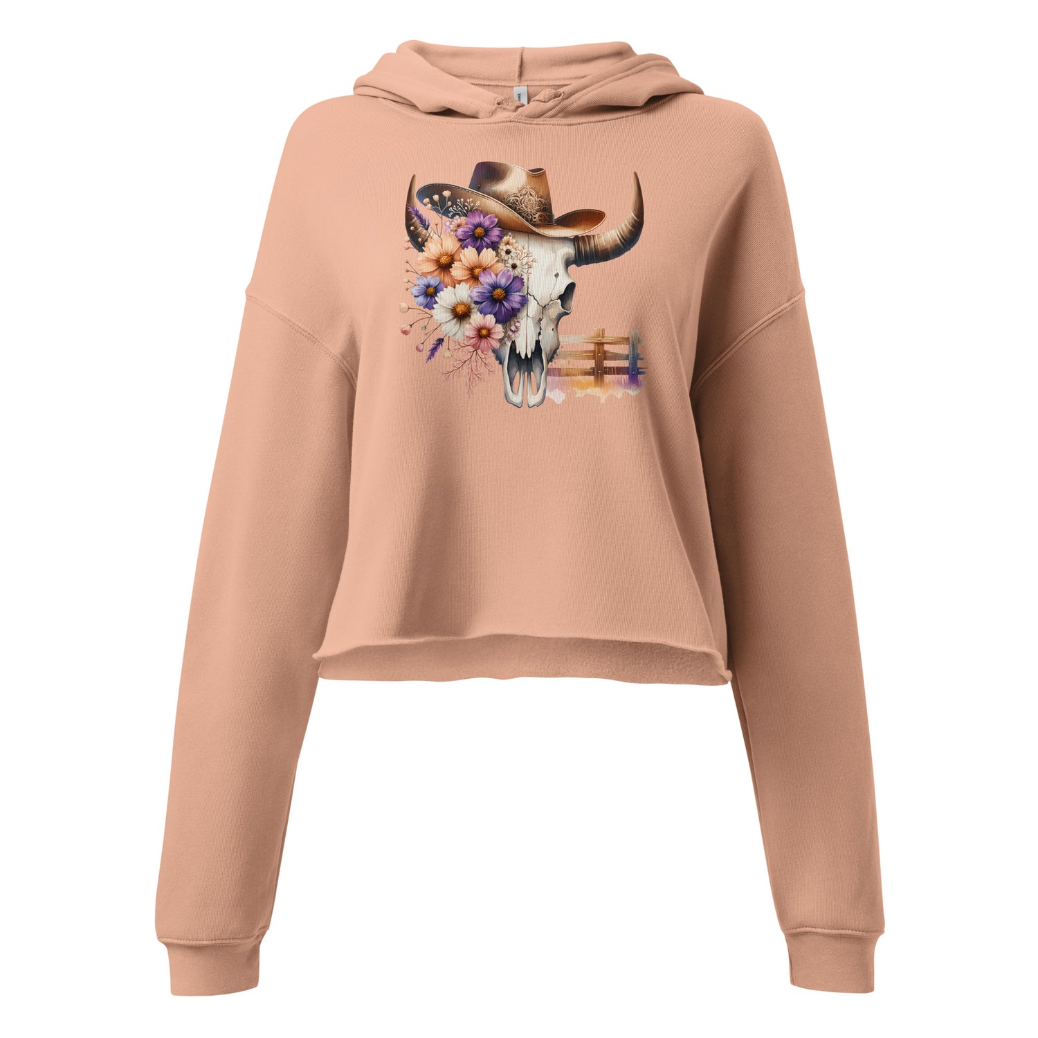 Close-up of pastel bull skull with wildflowers and cowgirl hat on peach hoodie