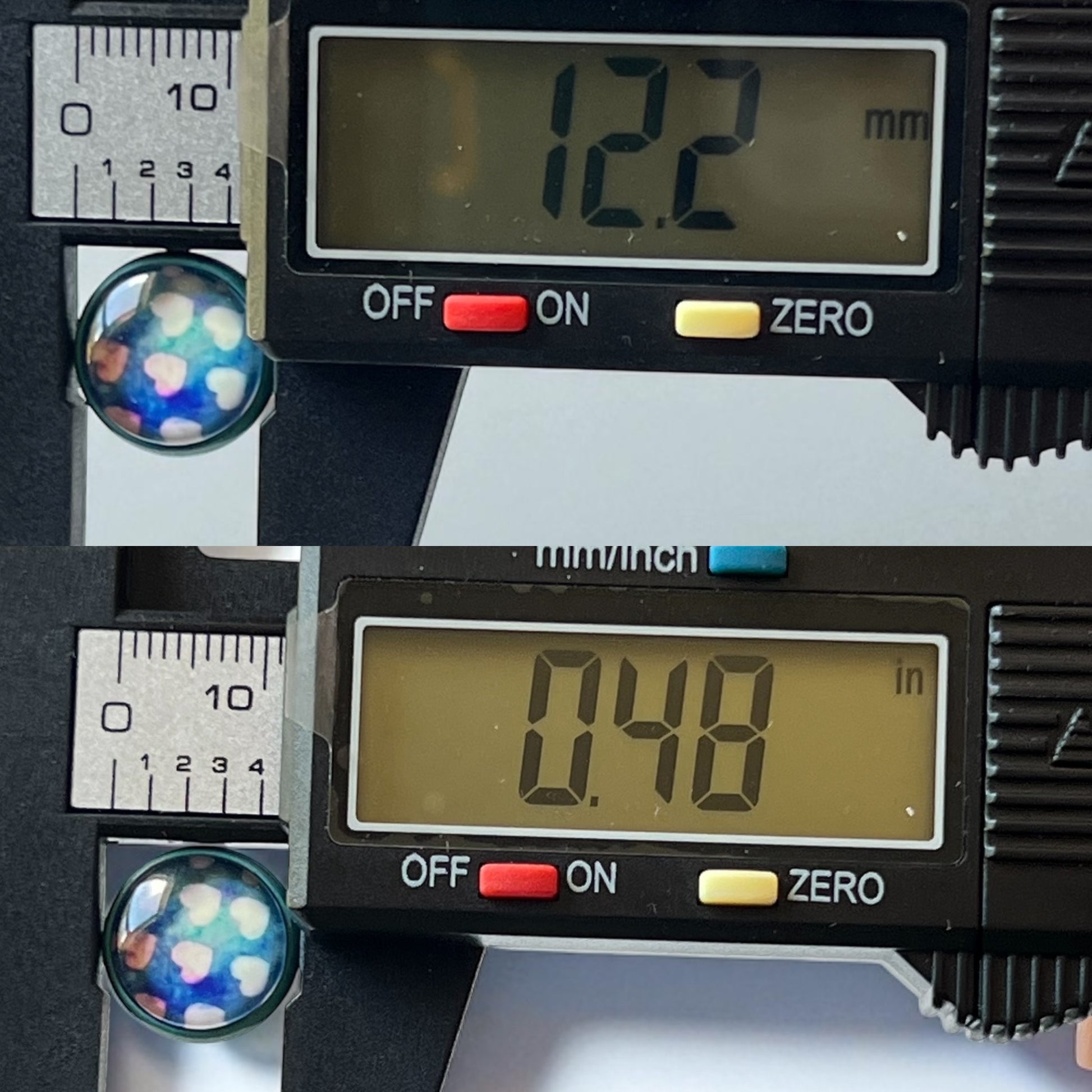 Digital caliper displaying measurements on a dark background