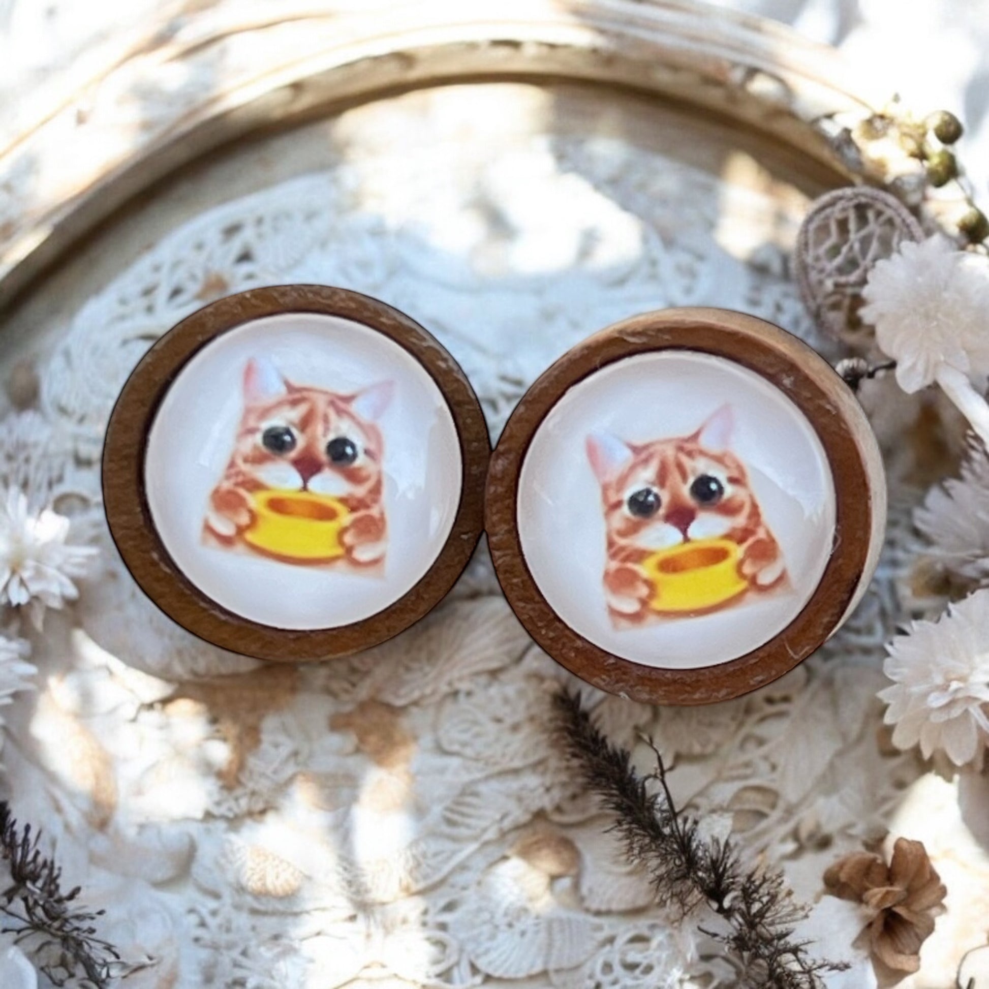Glass cabochon earrings with wood bezel and cat design