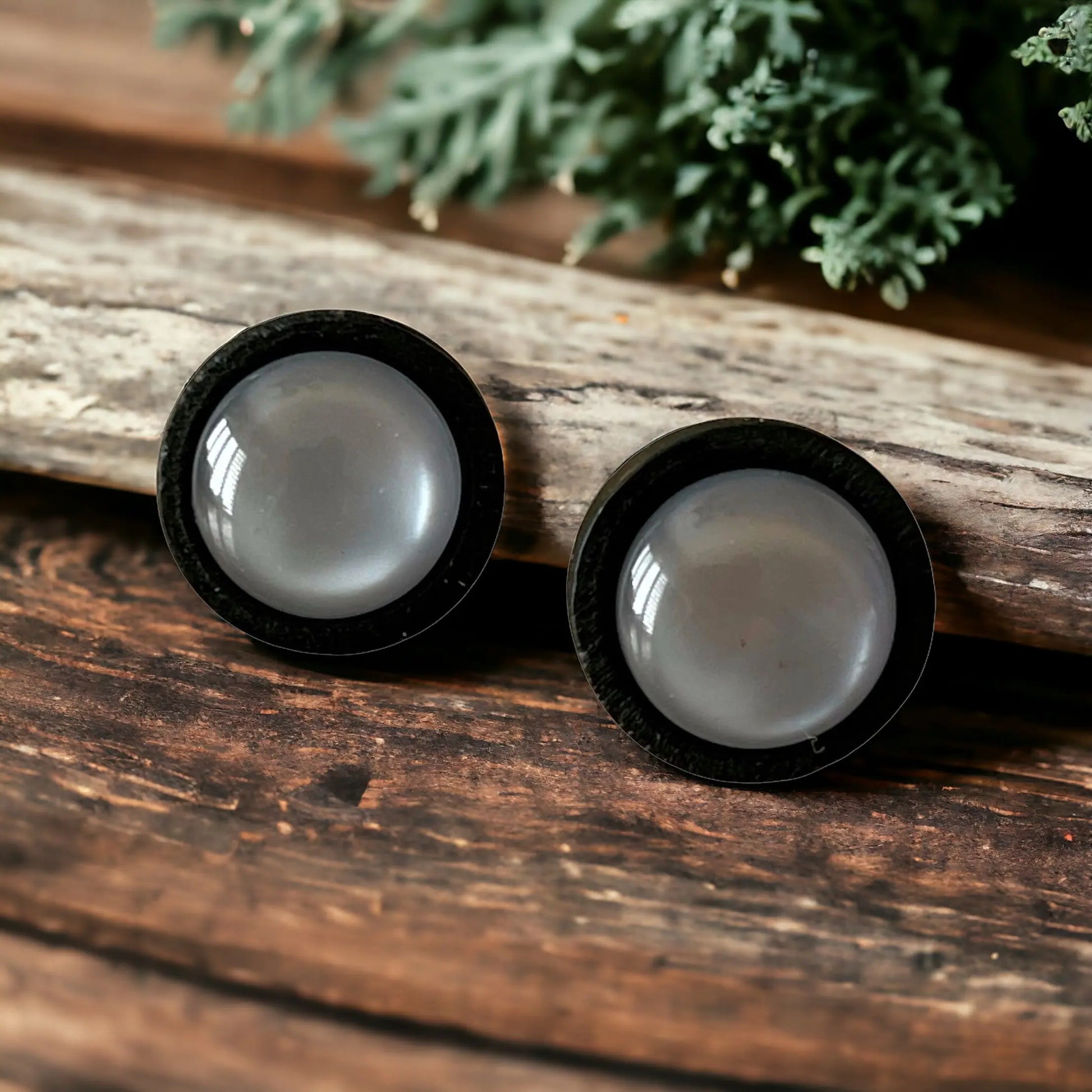 Two black circular gray earrings on a wooden surface with greenery in the background