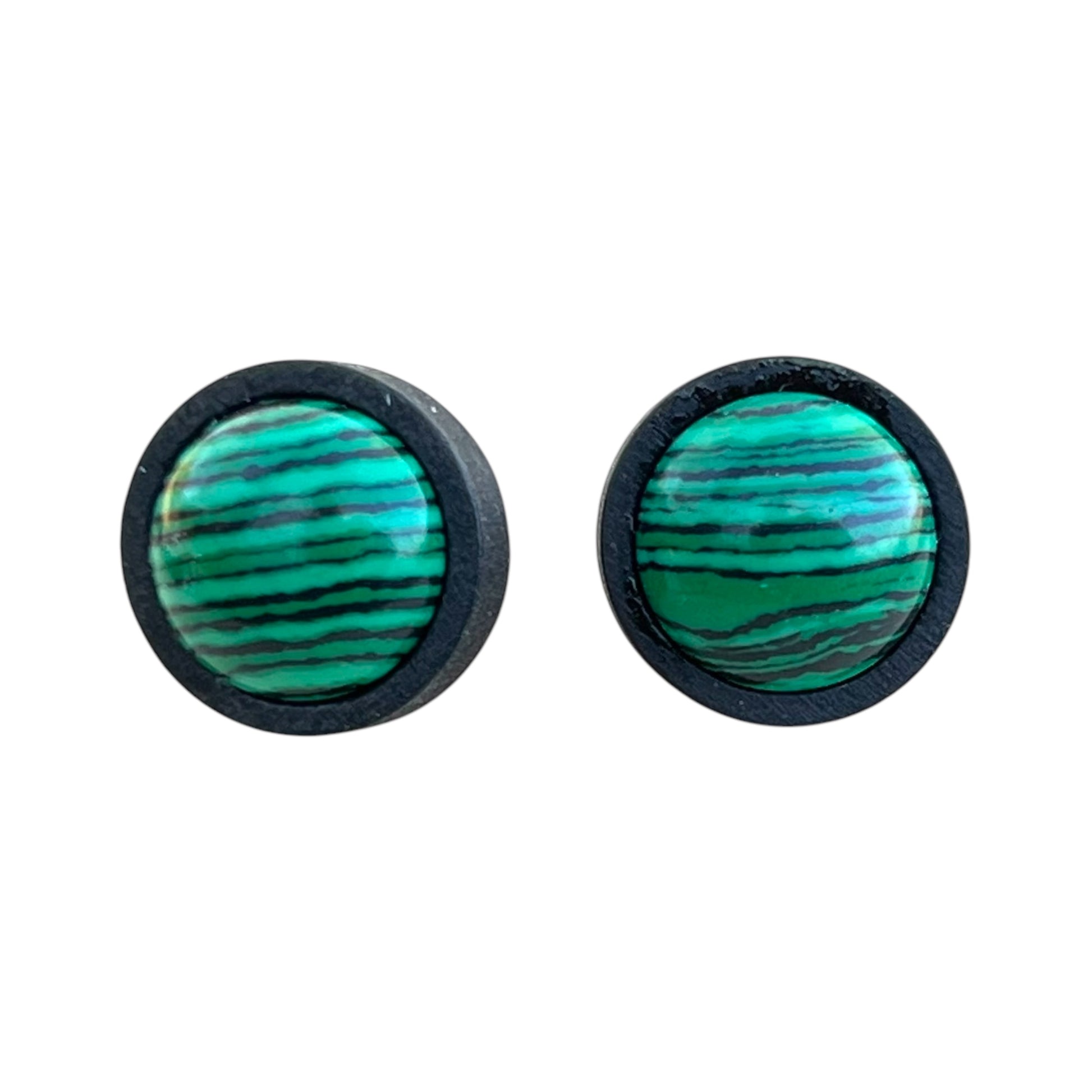 Gift-ready green striped earrings displayed with packaging