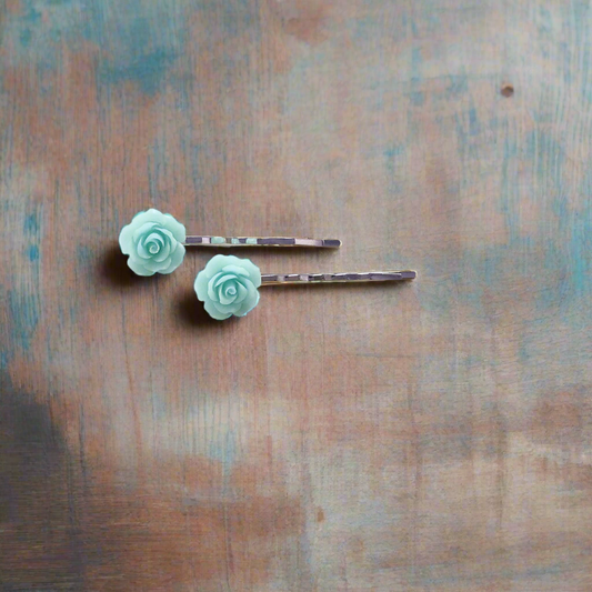 Green Rose Hair Pins - Set of 2 Bobby Pins