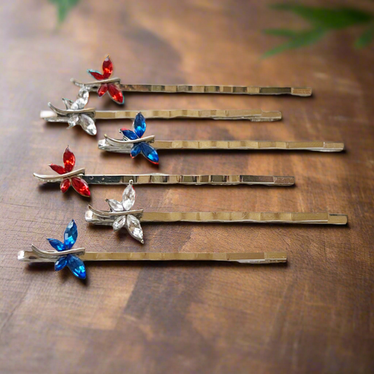 Festive handmade hair clips with red, white, and blue dragonflies – set of three