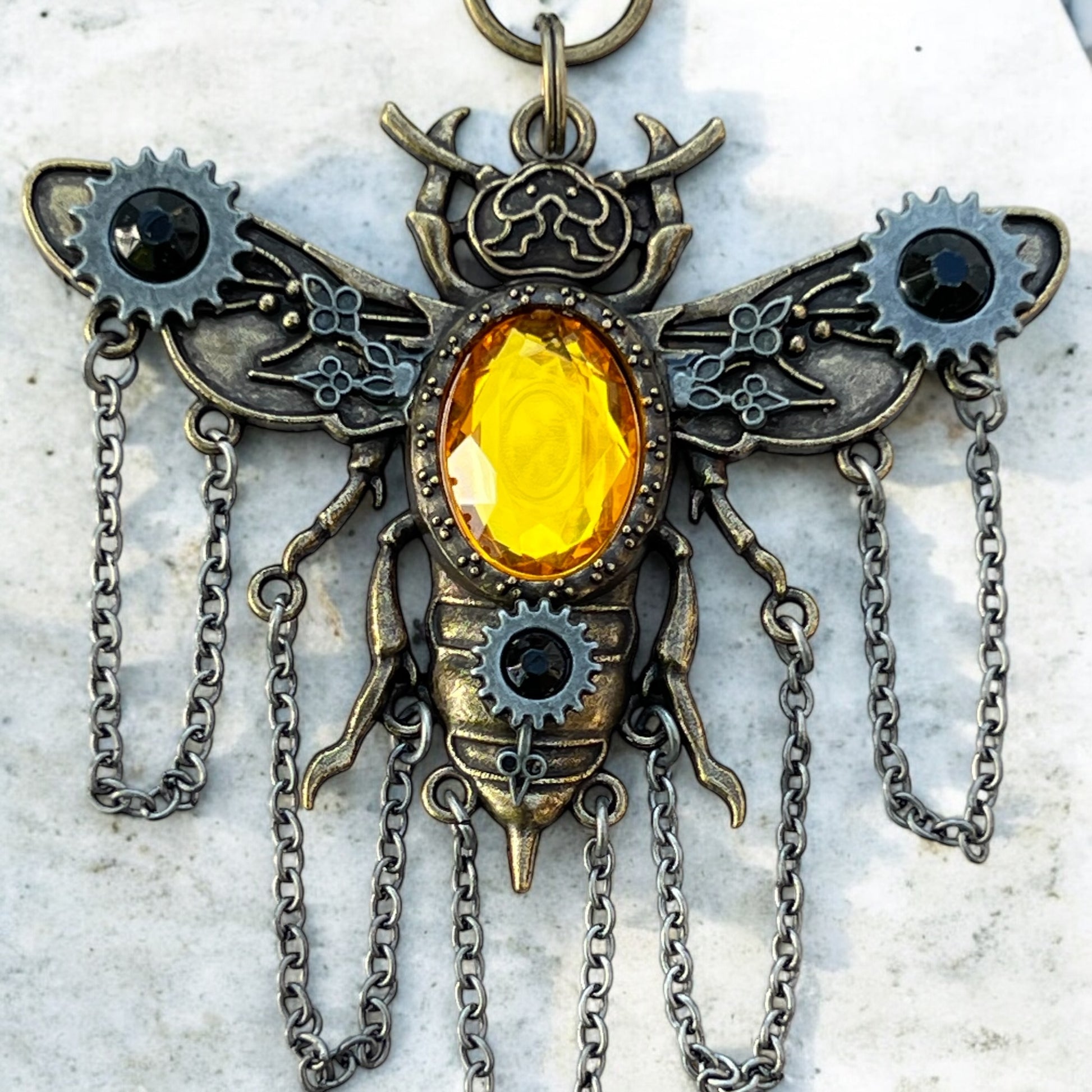 Handmade bee keychain with steampunk wings and crystal accents