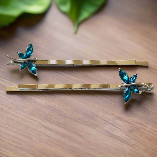 Teal dragonfly hair pin set styled for gifting