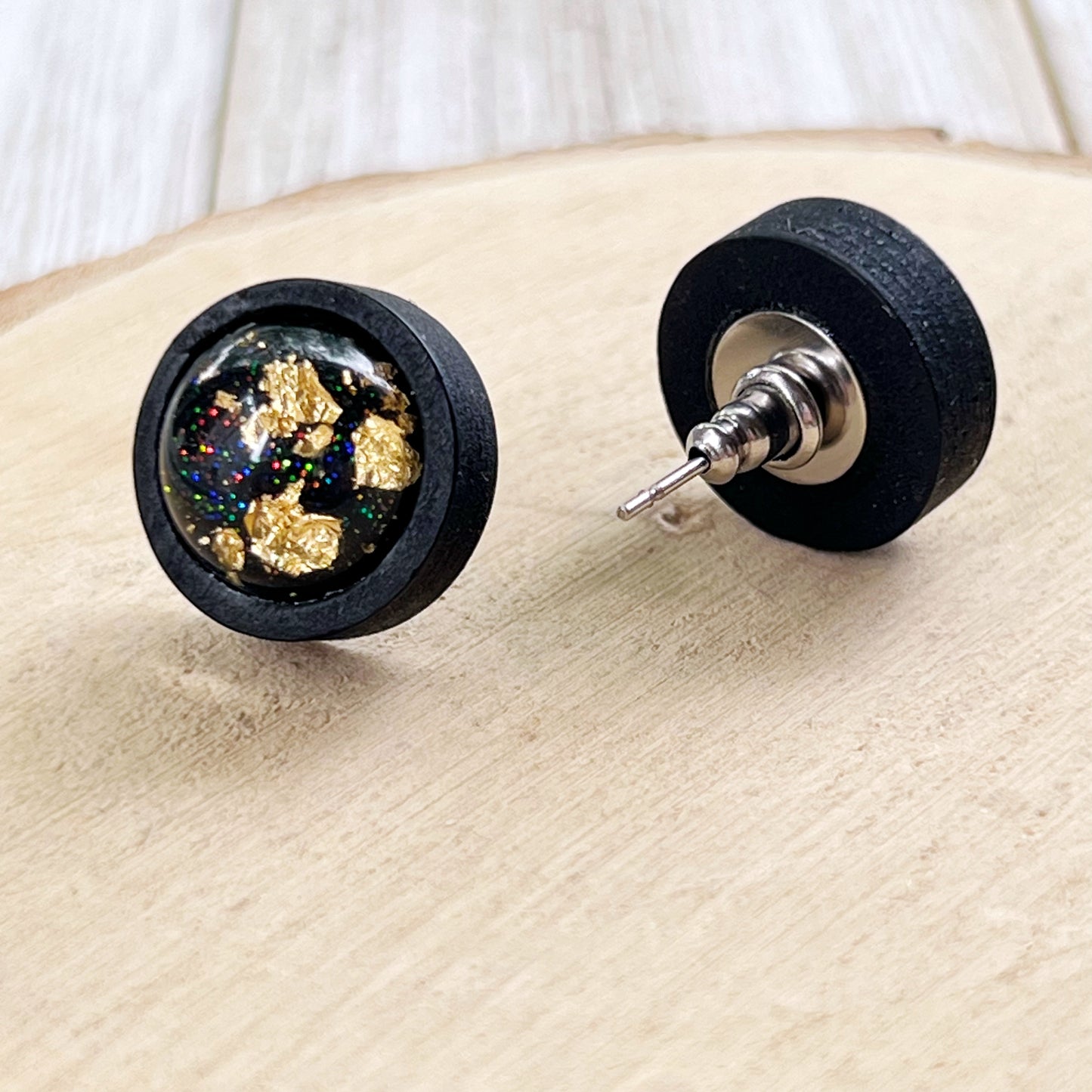 Gold Flake & Glitter Resin Stud Earrings – Black Wood Handmade Jewelry