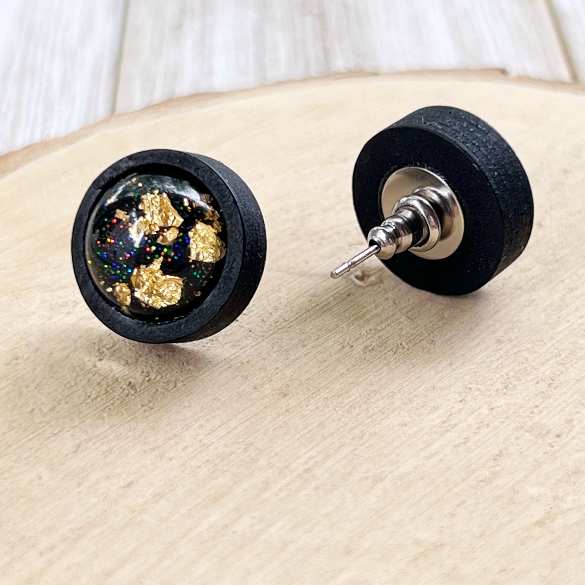 Gold Flake & Glitter Resin Stud Earrings – Black Wood Handmade Jewelry