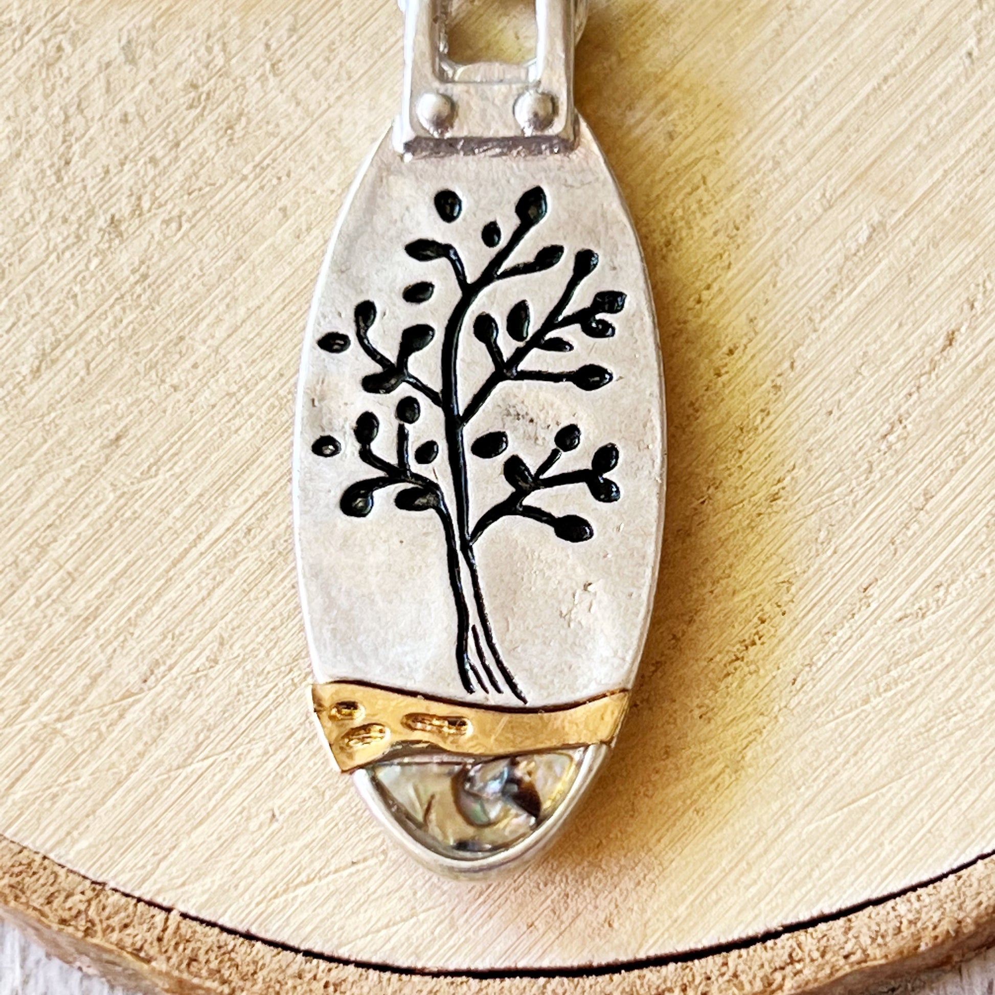 Tree of Life Purse Charm – Silver & Gold Keychain with Abalone