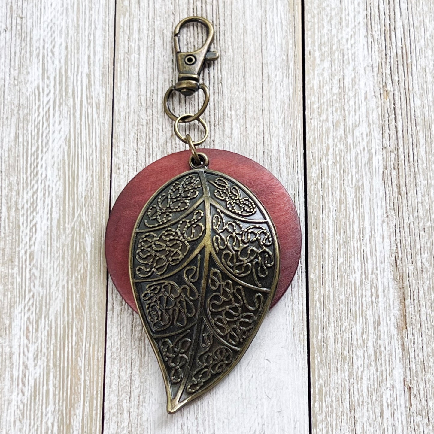 Antiqued Brass Leaf Zipper Pull Keychain & Handbag Charm with Red Wood Accent