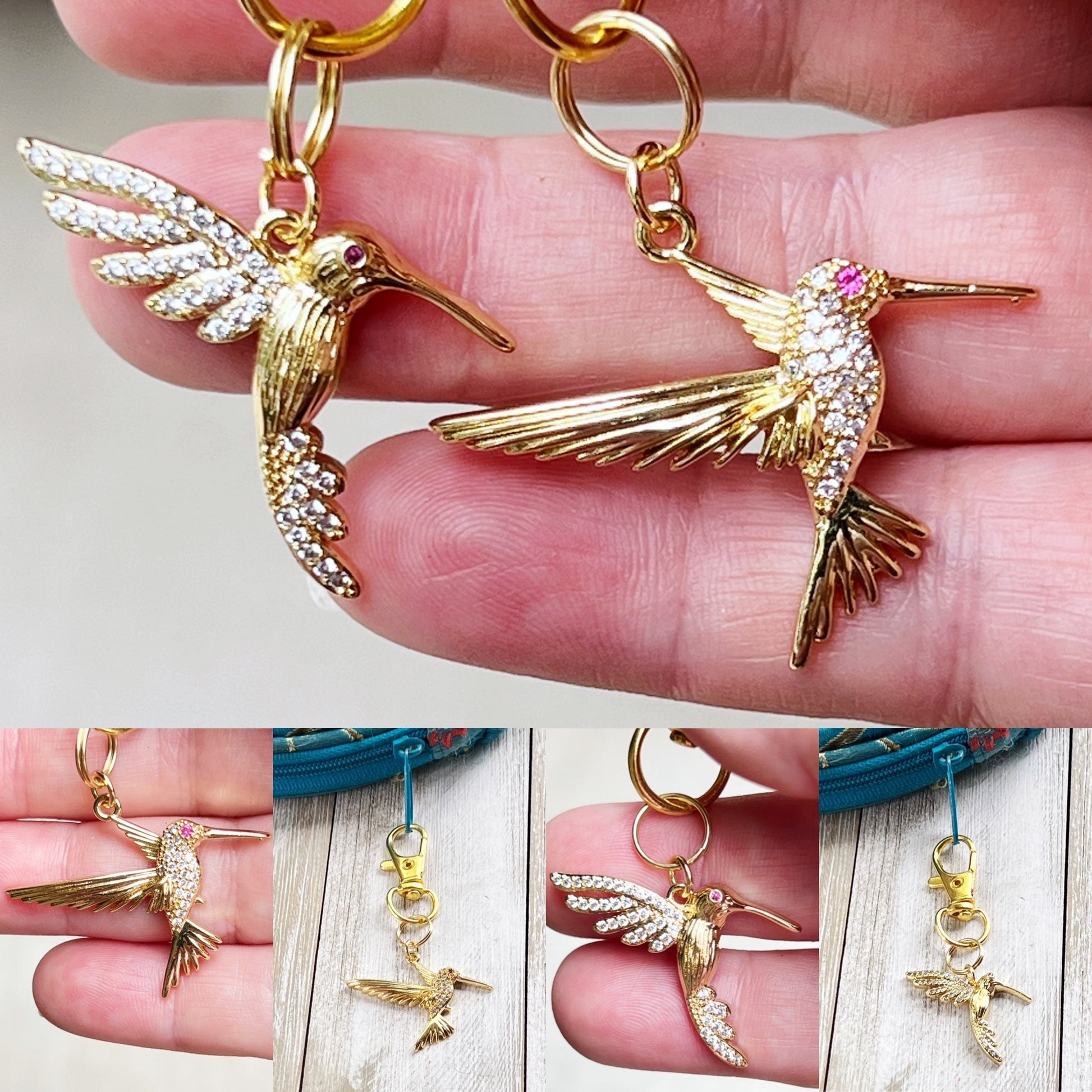 Hummingbird Purse Charms – Gold Crystal Bird Keychains with Bling