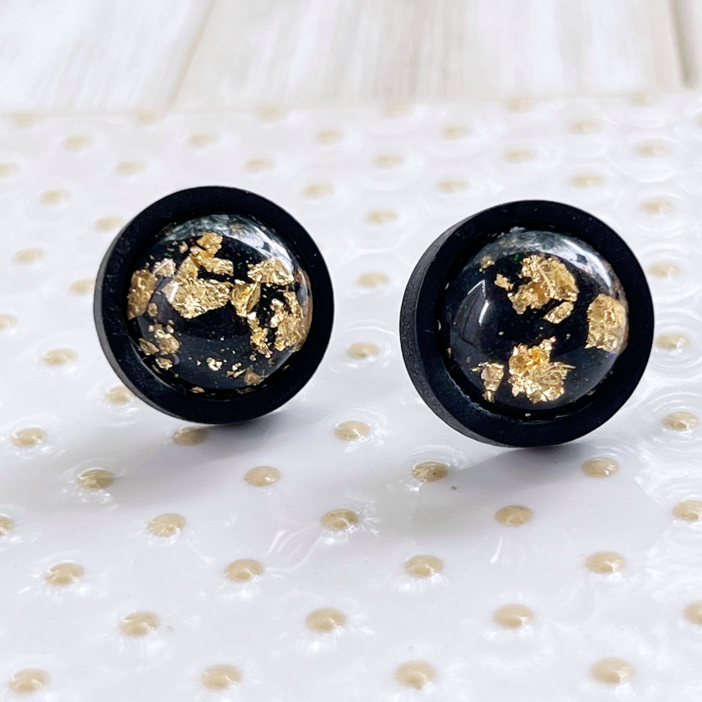 Gold Flake & Glitter Resin Stud Earrings – Black Wood Handmade Jewelry