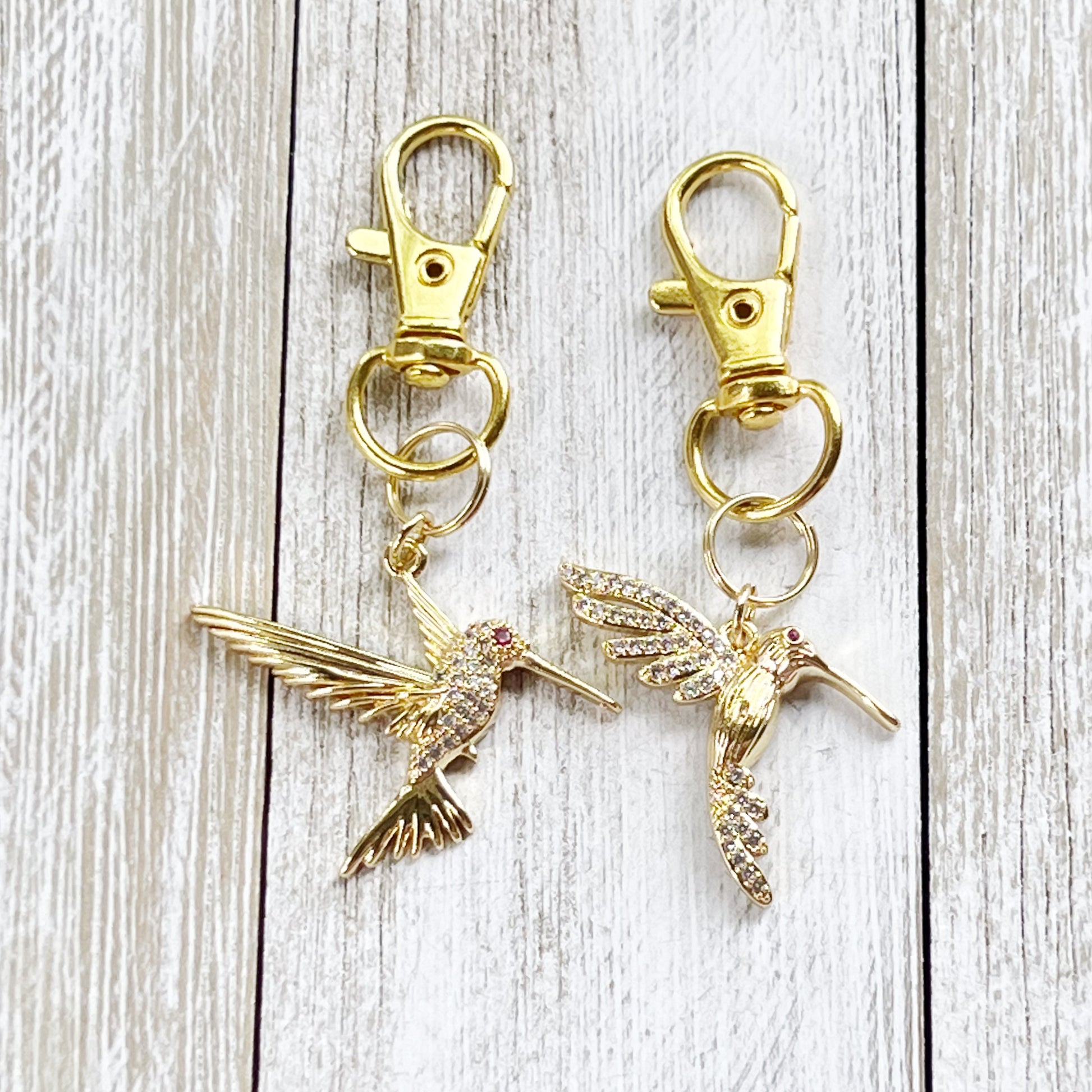 Hummingbird Purse Charms – Gold Crystal Bird Keychains with Bling