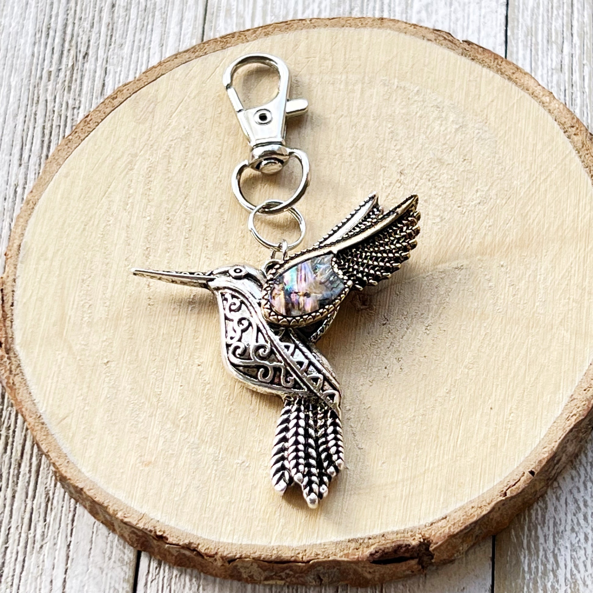 Abalone Hummingbird Purse Charm – Silver Bird Keychain with Etched Boho Details