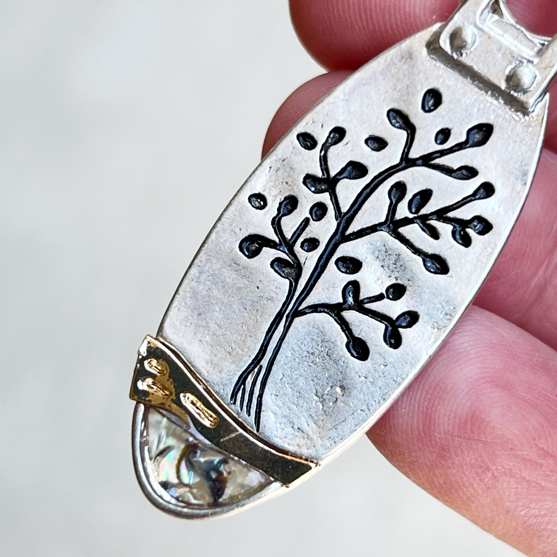 Tree of Life Purse Charm – Silver & Gold Keychain with Abalone