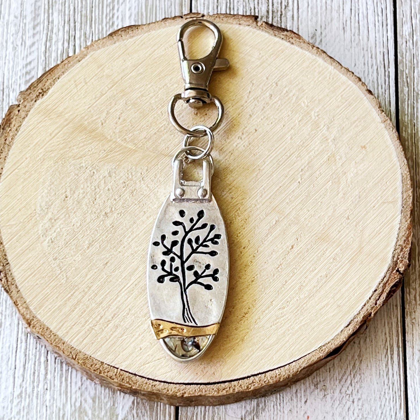 Tree of Life Purse Charm – Silver & Gold Keychain with Abalone