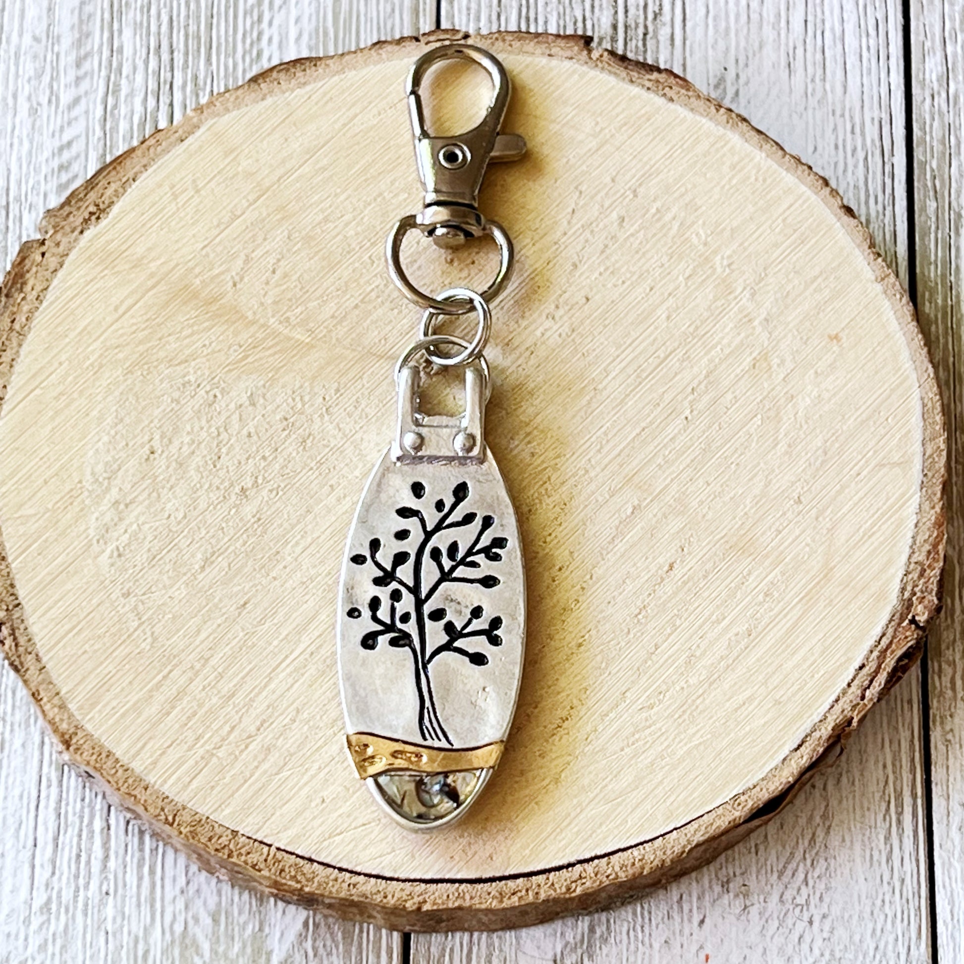 Tree of Life Purse Charm – Silver & Gold Keychain with Abalone