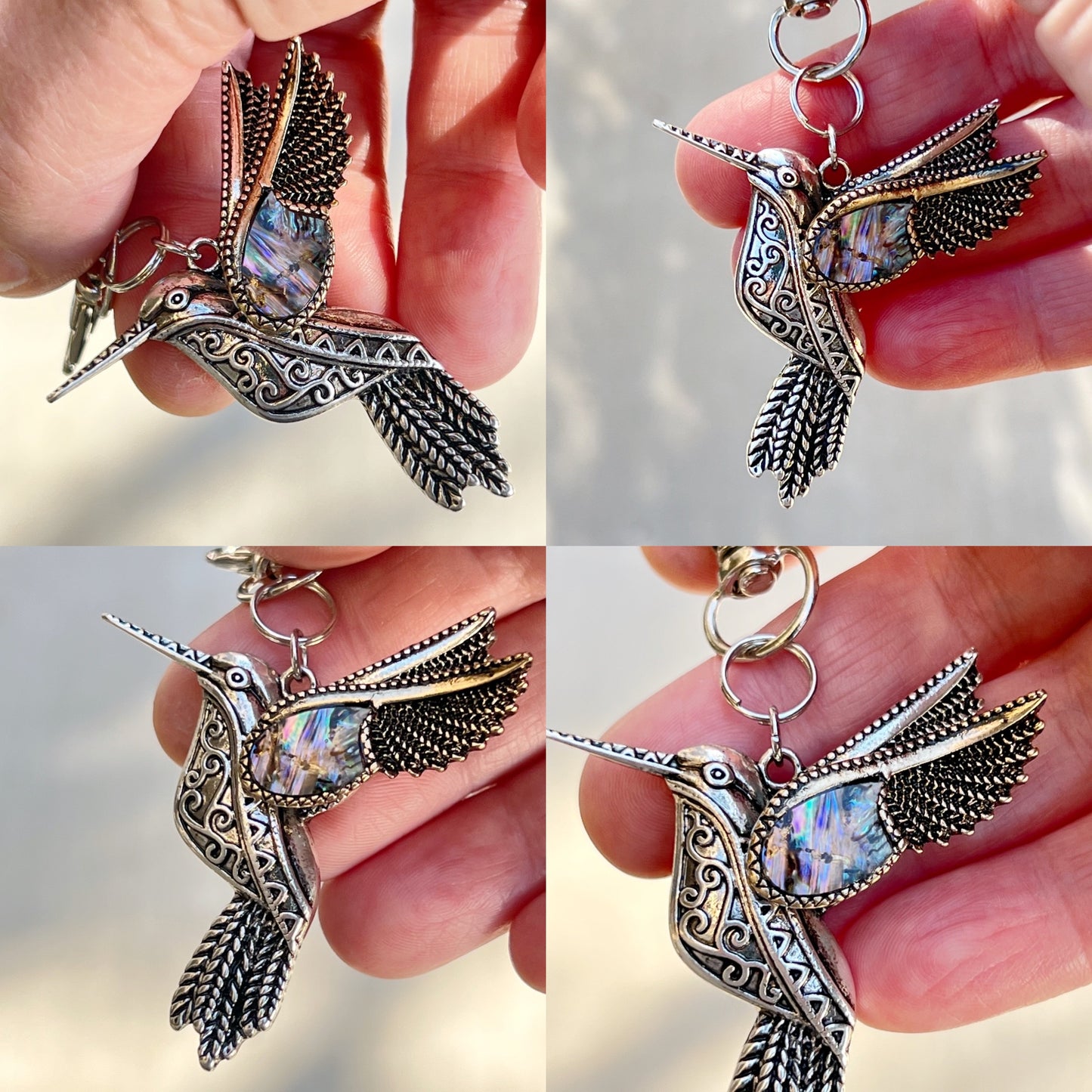 Abalone Hummingbird Purse Charm – Silver Bird Keychain with Etched Boho Details