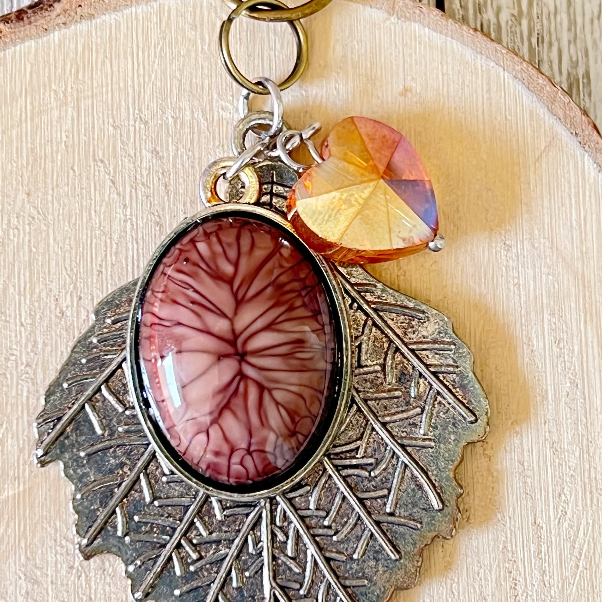Leaf Purse Charm – Bronze Botanical Keychain with Glass Heart Accent