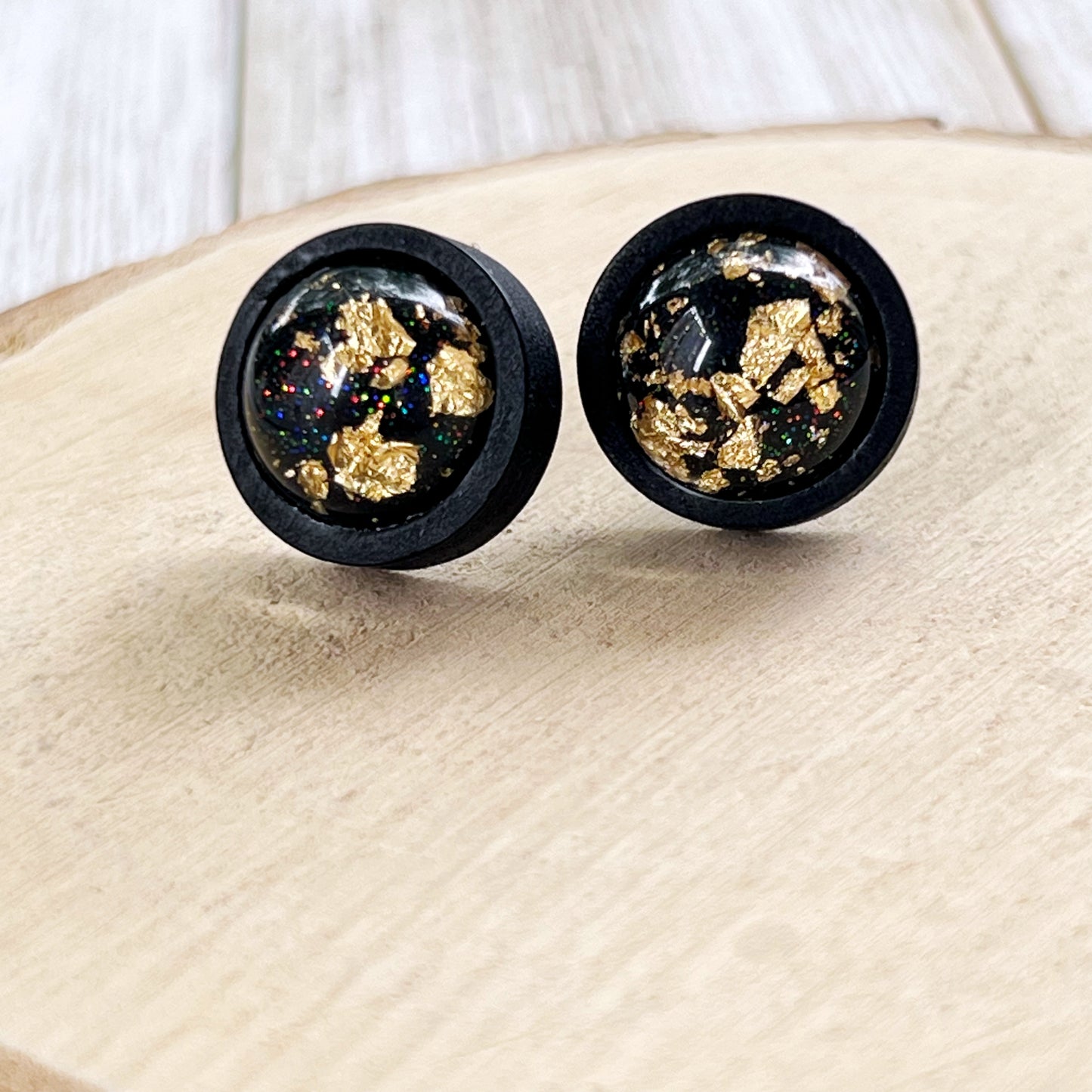 Gold Flake & Glitter Resin Stud Earrings – Black Wood Handmade Jewelry