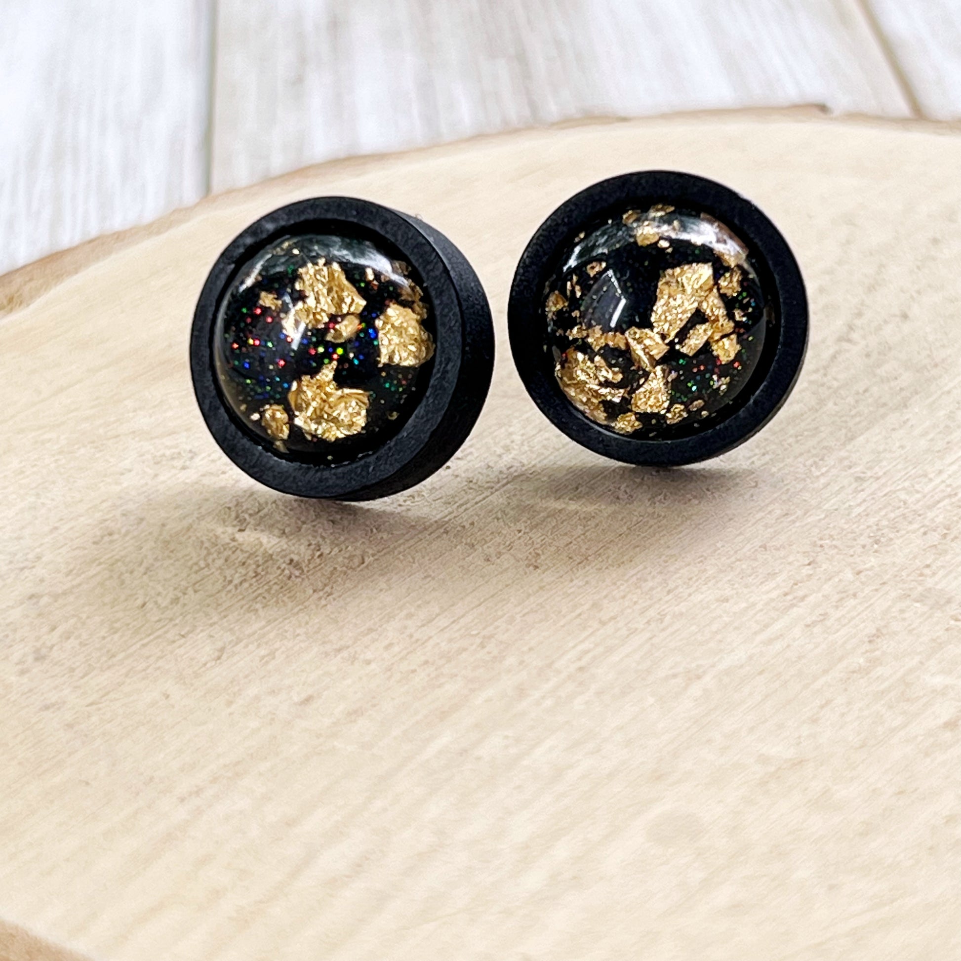 Gold Flake & Glitter Resin Stud Earrings – Black Wood Handmade Jewelry