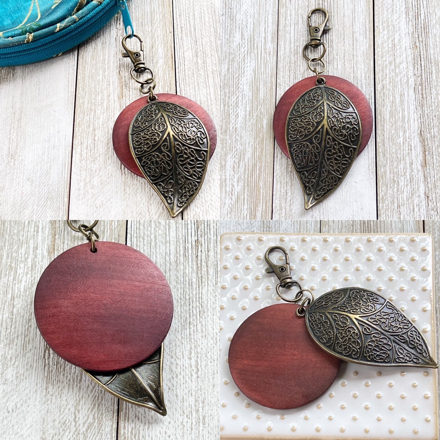 Antiqued Brass Leaf Zipper Pull Keychain & Handbag Charm with Red Wood Accent