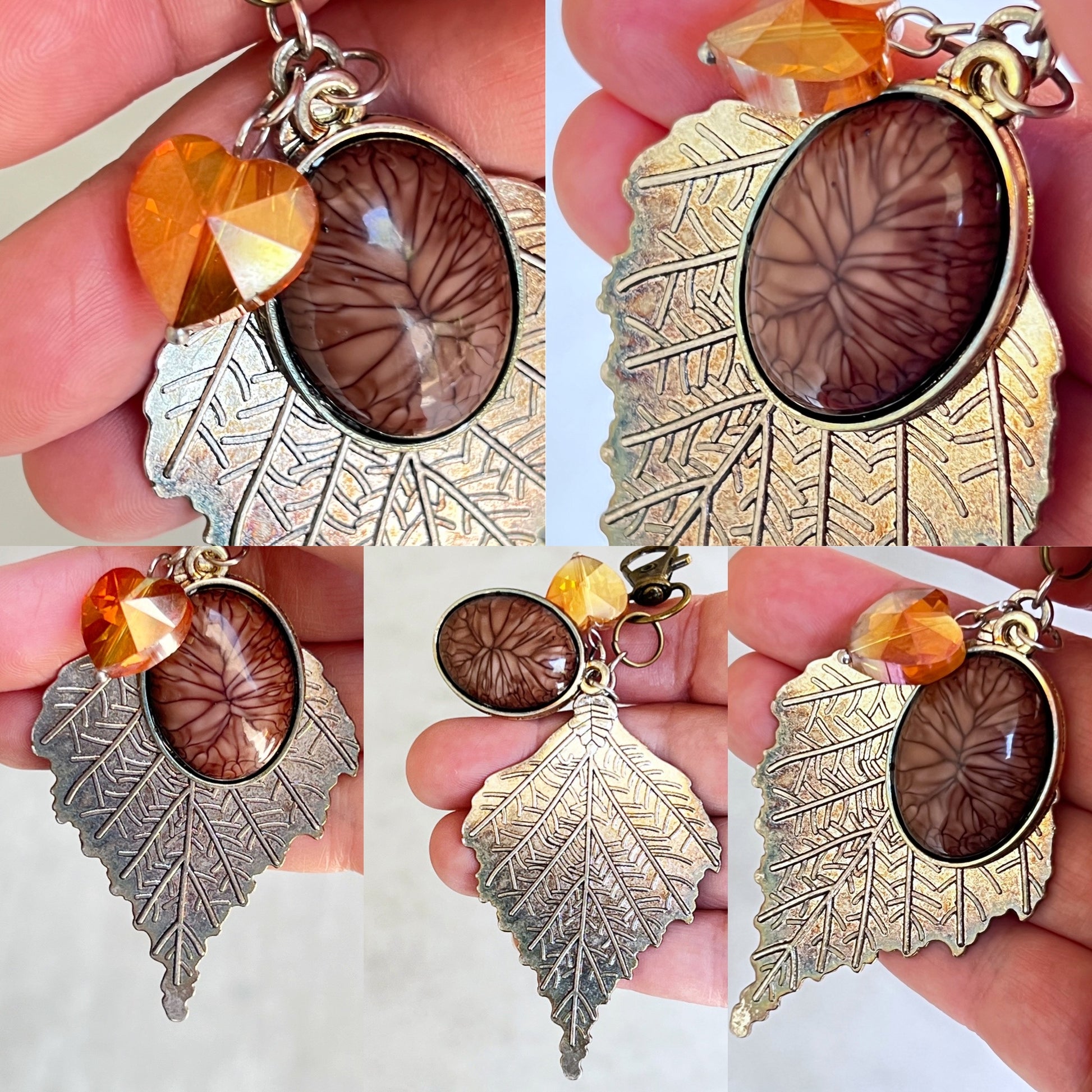 Leaf Purse Charm – Bronze Botanical Keychain with Glass Heart Accent